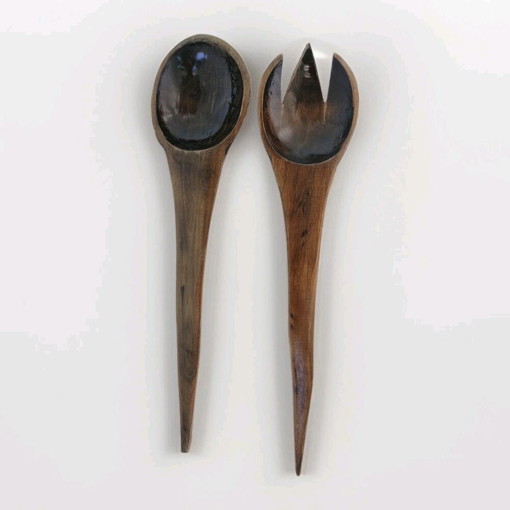 Vintage Mid Century Teak Salad Serving Spoon Fork Utensils Teakwood Handcrafted